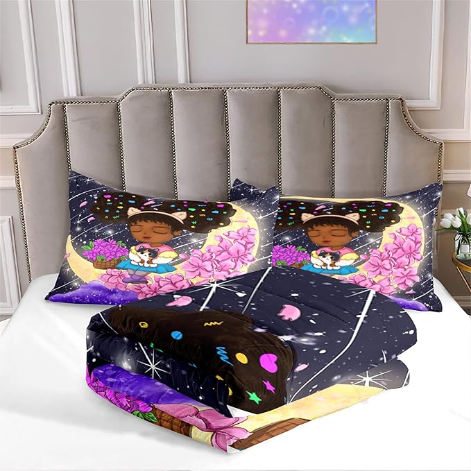 Afro African Girls Comforter Set for Girls Bedroom Teens Black Girls Bedding Sets for Girls Lovely Little African American Girls Comforter with 2 Pillowcases Cute Princess Bedding Set, Queen Size - LeafyLoom