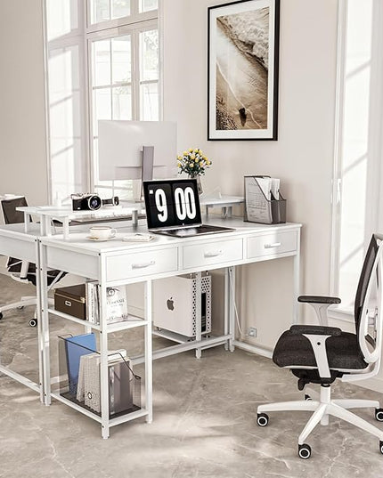 Computer Desk with Drawers and Storage Shelves, Home Office Desk with LED Lights & Power Outlets, Gaming Desk with Monitor Stand, Writing Study Desk, Kids Small Desk for Bedroom, White - LeafyLoom