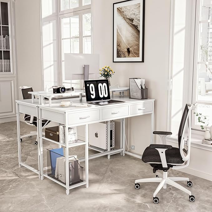 Computer Desk with Drawers and Storage Shelves, Home Office Desk with LED Lights & Power Outlets, Gaming Desk with Monitor Stand, Writing Study Desk, Kids Small Desk for Bedroom, White - LeafyLoom