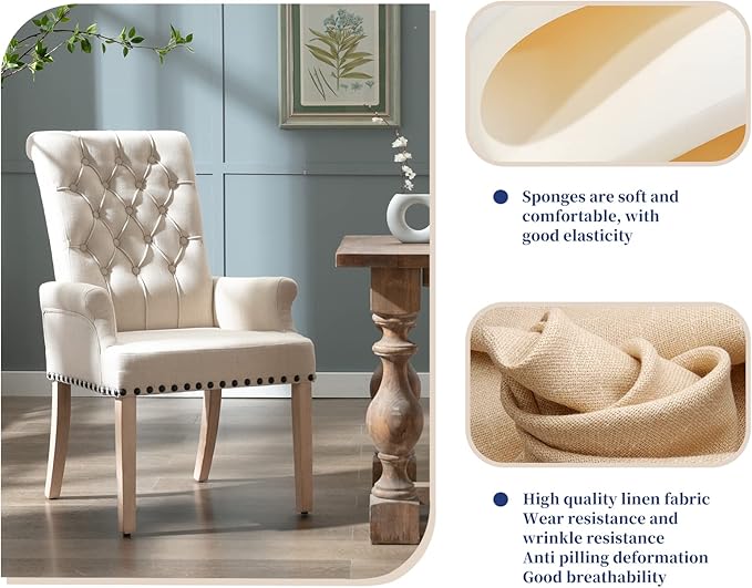 Dining Room Chairs with Arms,Tufted Upholstered High Back Nailed Trim with Untique Oak Wood Legs for Kitchen Restaurant Room Bedroom (Beige) - LeafyLoom