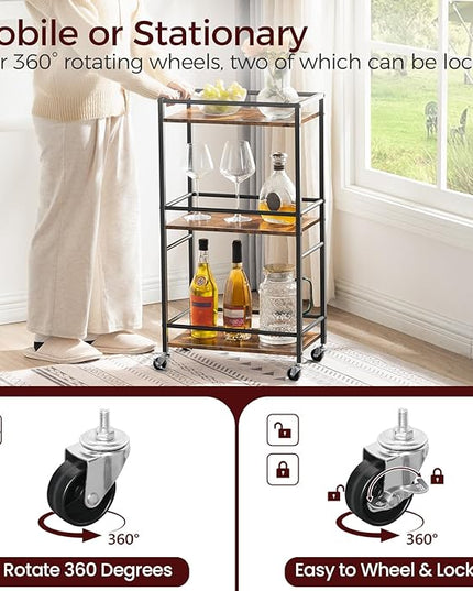 Rolling Cart, Mobile Kitchen Cart on Wheels, Narrow Storage Cart for Small Space, Wooden Service Cart, for Bathroom, Laundry, Living Room, Rustic Brown RCHR4001 - LeafyLoom