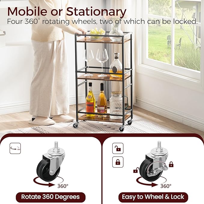 Rolling Cart, Mobile Kitchen Cart on Wheels, Narrow Storage Cart for Small Space, Wooden Service Cart, for Bathroom, Laundry, Living Room, Rustic Brown RCHR4001 - LeafyLoom