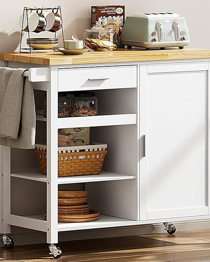 SogesGame Kitchen Island with Storage, Rolling Kitchen Island Cart on Wheels with Drawer, Mobile Kitchen Island with 1-Door Storage Cabinet and 3-Tier Shelves for Living Room, Wine Shelf, Towel Rack - LeafyLoom