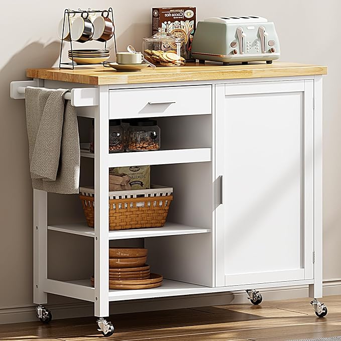 SogesGame Kitchen Island with Storage, Rolling Kitchen Island Cart on Wheels with Drawer, Mobile Kitchen Island with 1-Door Storage Cabinet and 3-Tier Shelves for Living Room, Wine Shelf, Towel Rack - LeafyLoom
