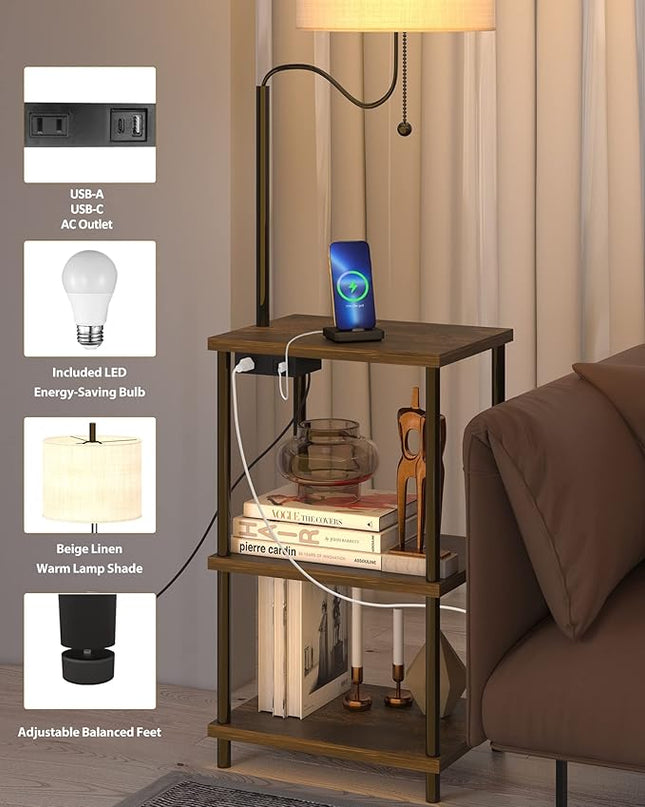 Set of 2 Floor Lamp with Table, End Table with USB Charging Port Type-C, Power Outlet, Bedside Nightstand Shelves, Side Table with Reading Standing Light for Living Room Bedroom(Brown) - LeafyLoom