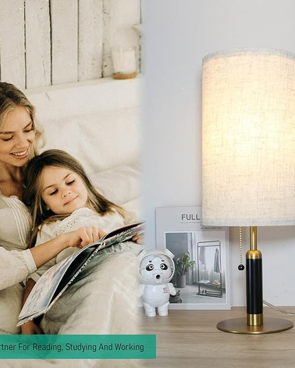 3-Color Temperatures Bedside Table Lamp for Nightstand Living Room Lamps for Bedroom Wood Fabric Pull Chain Switch Small Desk Lamps Home Office End Table Room Decor (Light Brown+Brass) - LeafyLoom