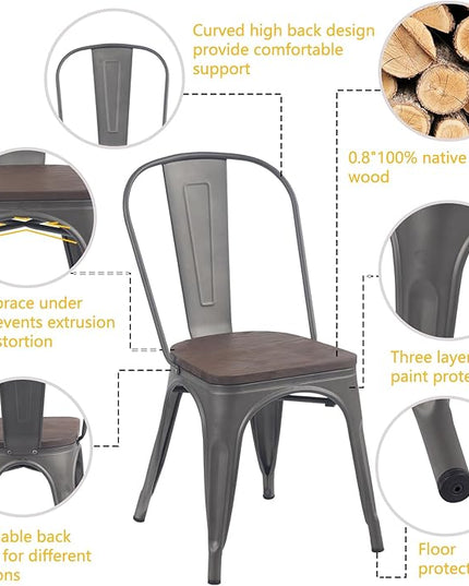 YOUNIKE Metal Dining Chairs Set of 4 Iron Stackable Removable Back Wood Seat Patio Chairs Rubber Feet Stylish Modern Indoor Outdoor Classic Chic Industrial Vintage Bistro Kitchen Rusty Grey - LeafyLoom