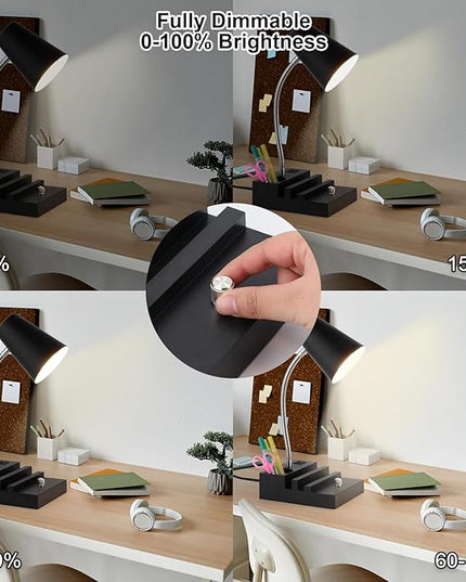 Study Desk Lamp with USB Charging and Type-C Night Light, Gooseneck LED Table Lamp Stepless Dimming Study Table Lamp with Pen Holder for College Dorm Bedroom and Office (Black) - LeafyLoom