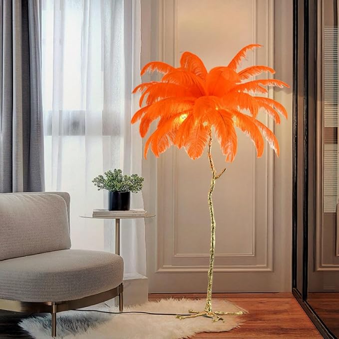 Romantic Ostrich Feather Floor Lamp Modern Luxury Resin Ostrich Feather LED Lamp Living Room Bedroom Corner Decoration Floor lamp(Orange) - LeafyLoom