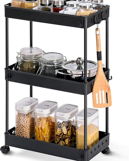 TOOLF Rolling Storage Cart, 3 Tier Utility Cart on Wheels, Bathroom Rolling Cart Organizer with Divider & Hooks, Mobile Shelving Unit Storage Cart for Laundry Kitchen Dorm, Matte Black - LeafyLoom