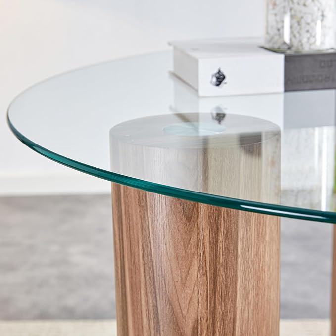 cosure 40" Glass Transparent Tempered Top,Round Dining-Table for 4 W/Wooden Legs Base,for Kitchen Living Room Gathering,in Walnut/Clear Finish - LeafyLoom