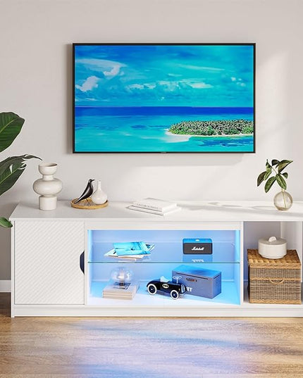 Bestier Gaming TV Stand with Removable Glass Shelves for 55/60/65 Inch TV,Led Entertainment Center & 22 Dynamic RGB Modes for PS5 PS4,Modern TV Console for Living Room Bedroom Carbon Fiber White - LeafyLoom