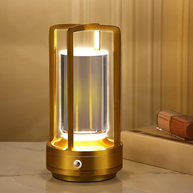 Portable Metal Table Lamp,Cordless Table Lamp,Battery Operated, 3 Light Colors, for Restaurant/Bedroom/Bars/Outdoor Party/Camping/Coffee Shop Atmosphere Night Light (Gold) - LeafyLoom