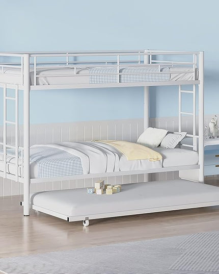 VECELO Twin Over Twin Bunk Bed with Trundle, Metal Bunkbeds with Ladder and Full-Length Guardrail, Noise Free, No Box Spring Needed, Off White - LeafyLoom
