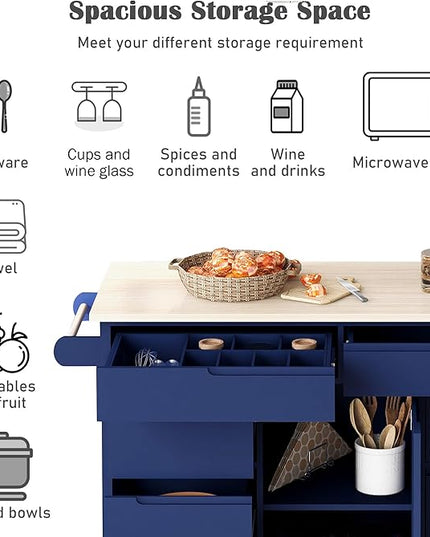 Kitchen Island on Lockable Wheels, Mobile Kitchens Cart with Rubber Wood Countertop, w/Drawer and Storage Cabinet for Dining Room, Bar - LeafyLoom