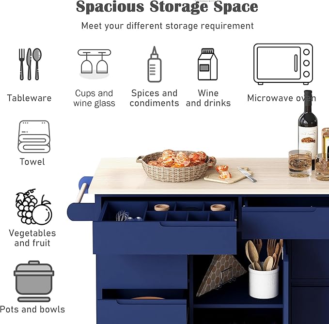 Kitchen Island on Lockable Wheels, Mobile Kitchens Cart with Rubber Wood Countertop, w/Drawer and Storage Cabinet for Dining Room, Bar - LeafyLoom