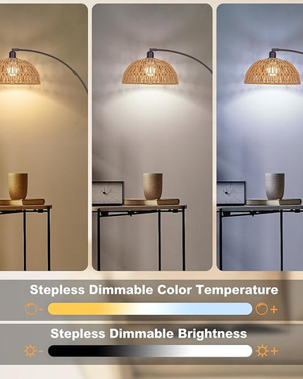 Boho Floor Lamp with Remote- Arc Tall Lamps, Bronze Floor Lamps with Stepless Dimmable Bulb, Hand-Worked Adjustable Rattan Lampshades, Brown Rattan Standing Lamp - LeafyLoom