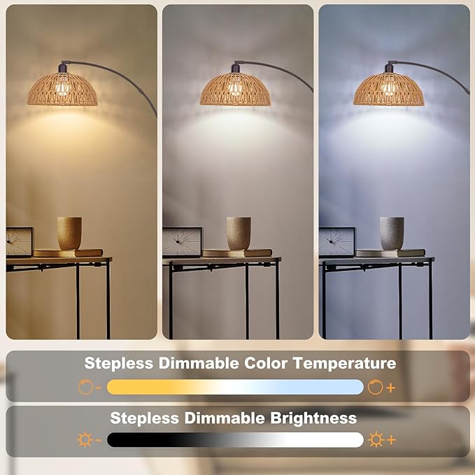 Boho Floor Lamp with Remote- Arc Tall Lamps, Bronze Floor Lamps with Stepless Dimmable Bulb, Hand-Worked Adjustable Rattan Lampshades, Brown Rattan Standing Lamp - LeafyLoom