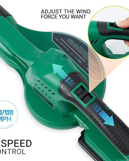 20V Cordless Leaf Blower with Battery and Charger, Leaf Blower Battery Operated, Rechargeable Electric Handheld Leaf Blower Variable Speed with 2 Tubes for Patio, Leaves Blowing-Green - LeafyLoom