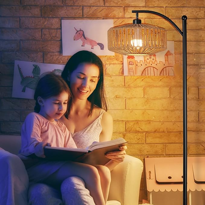 Floor Lamp with Remote, Rope Standing Lamps with LED Bulb, Boho Farmhouse Tall Pole Lamp with 3 Color Temperatures, Modern Black Floor Lamp for Living Room Bedroom Office Study - LeafyLoom