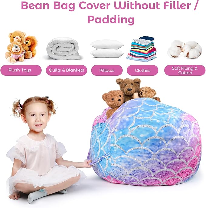 KABOER Bean Bag Cover for Kids,200L Stuffed Animal Storage Bean Bag Chair Cover |Stuffable Zipper Beanbag for Organizing Children Soft Plush Toys (32x29inch) - LeafyLoom