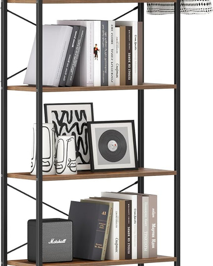 Bookshelf, Book Shelf, Industrial Bookcase with 2 Hooks, Coner Shelf Storage Organizer for Home Office, Living Room, Bedroom, Kitchen, 6-Tier Rustic Brown BC22701B - LeafyLoom