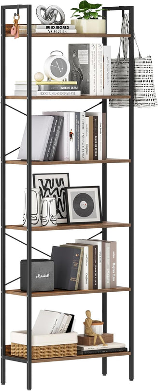 Bookshelf, Book Shelf, Industrial Bookcase with 2 Hooks, Coner Shelf Storage Organizer for Home Office, Living Room, Bedroom, Kitchen, 6-Tier Rustic Brown BC22701B - LeafyLoom