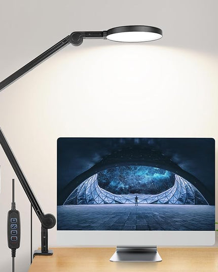Desk Lamp with Clamp, Long Clip on Lights for Home Office, 3 Modes x 10 Brightness, Swing Arm Desk Clamp Task Table Lamps with Adapter, Black - LeafyLoom