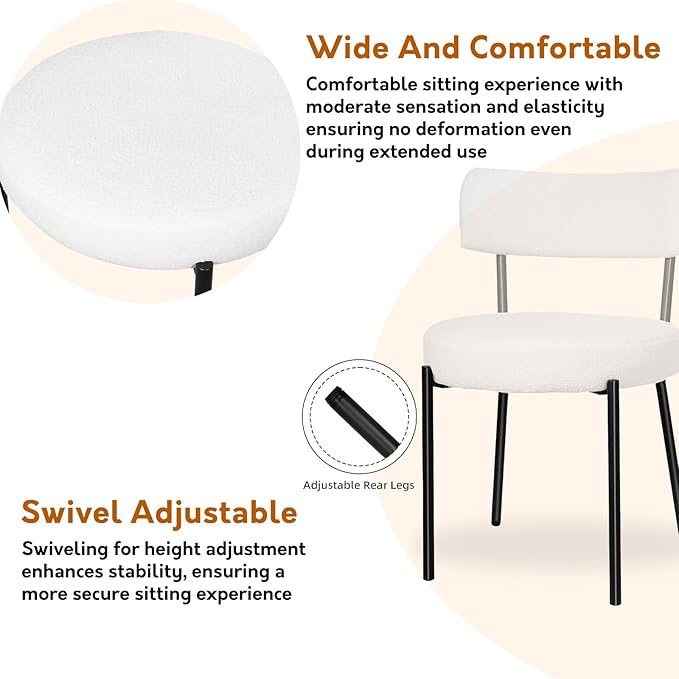 Boucle Dining Chairs Set of 2, Mid Century Dining Chairs with Metal Legs, Round Upholstered Sherpa Kitchen Dining Room Chairs Curved Backrest for Dining Room, Living Room, Kitchen,Black and White - LeafyLoom