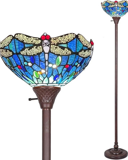 Capulina Tiffany Torchiere Floor Lamp 70 Inches Tall Industrial Pole Vintage Blue Dragonfly Style Standing Floor Light for Home Office Living Room Bedroom Farmhouse - LeafyLoom