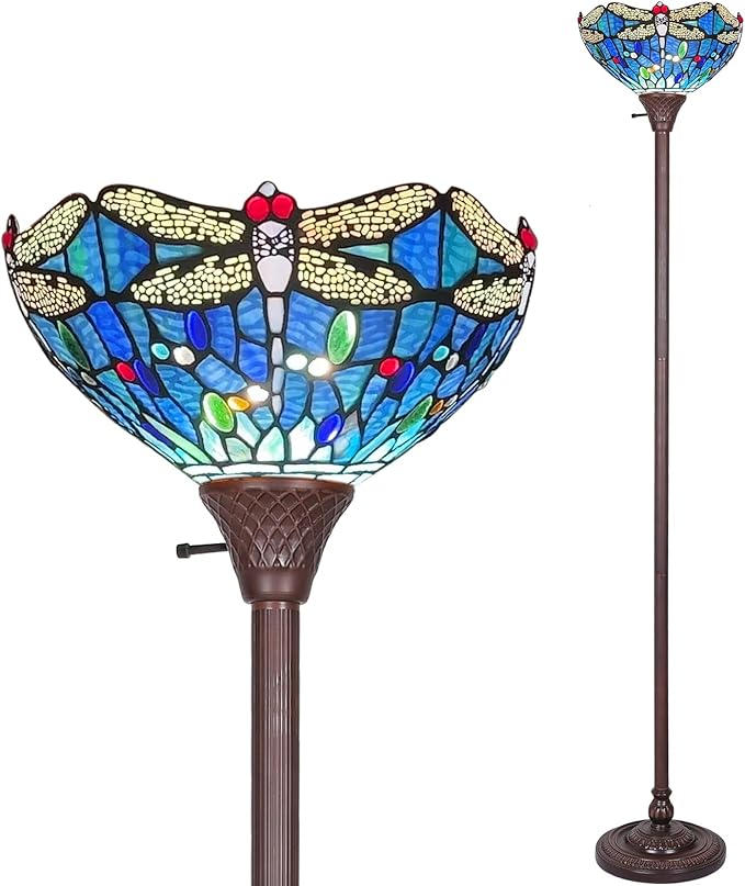 Capulina Tiffany Torchiere Floor Lamp 70 Inches Tall Industrial Pole Vintage Blue Dragonfly Style Standing Floor Light for Home Office Living Room Bedroom Farmhouse - LeafyLoom
