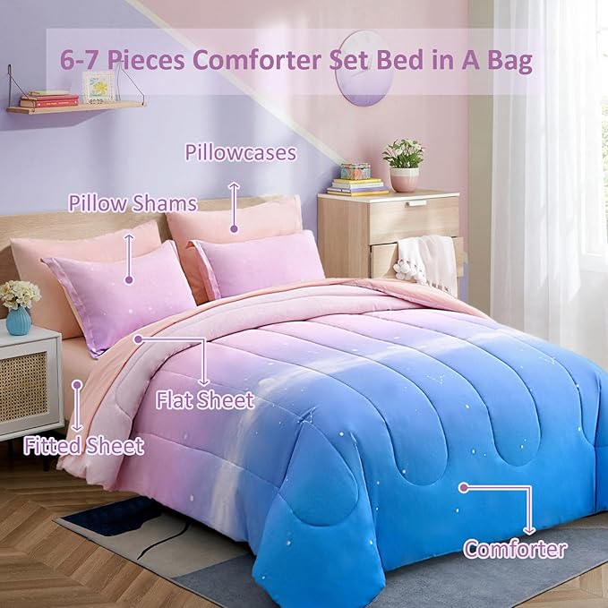 Dinjoy Girls Comforter Set Full Size Colorful Rainbow Ombre Pink Blue Bedding Set Gradient 7 Pieces Bed in A Bag for Kids Teen Girl Women(1 Comforter, 1 Flat Sheet, 1 Fitted Sheet) - LeafyLoom