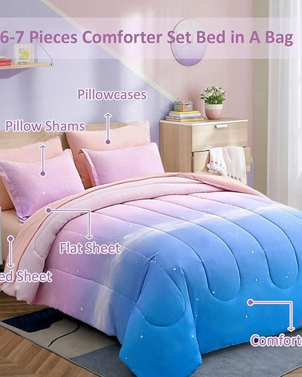 Dinjoy Girls Comforter Set Twin Size Colorful Rainbow Ombre Pink Blue Bedding Set Gradient 6 Pieces Bed in A Bag for Kids Teen Girl Women(1 Comforter, 1 Flat Sheet, 1 Fitted Sheet) - LeafyLoom