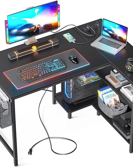 ODK 40 Inch Small L Shaped Gaming Computer Desk with Power Outlets, Reversible Storage Shelves & PC Stand for Home Office, Simple Writing Study Table with Storage Bag for Small Space, Black - LeafyLoom