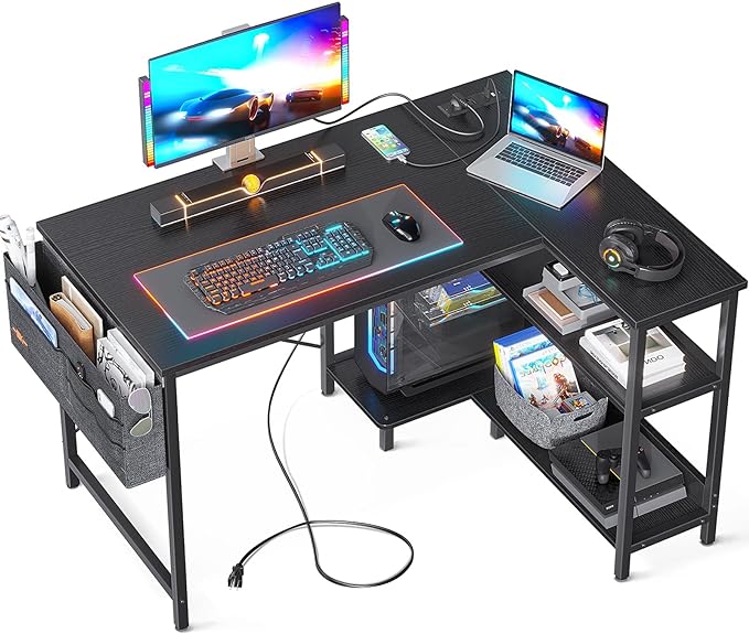 ODK 40 Inch Small L Shaped Gaming Computer Desk with Power Outlets, Reversible Storage Shelves & PC Stand for Home Office, Simple Writing Study Table with Storage Bag for Small Space, Black - LeafyLoom
