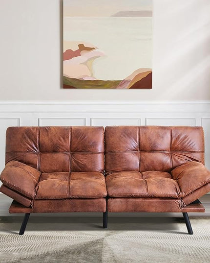 MUUEGM Futon Sofa Bed Convertible Memory Foam Sleeper Couch,Modern Faux Leather Loveseat for Living Room,Small Compact Space,Dorm,Office,Adjustable Armrests Backrest Sofabed, Dark Brown - LeafyLoom