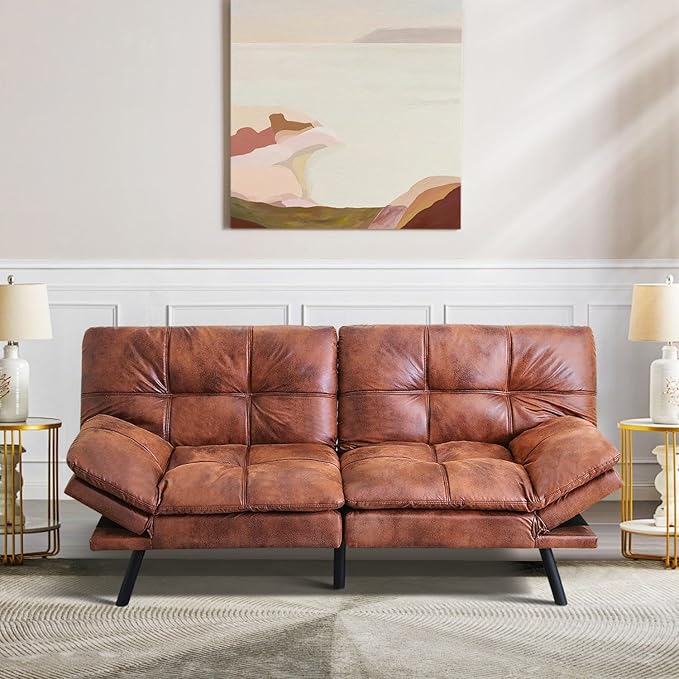 MUUEGM Futon Sofa Bed Convertible Memory Foam Sleeper Couch,Modern Faux Leather Loveseat for Living Room,Small Compact Space,Dorm,Office,Adjustable Armrests Backrest Sofabed, Dark Brown - LeafyLoom
