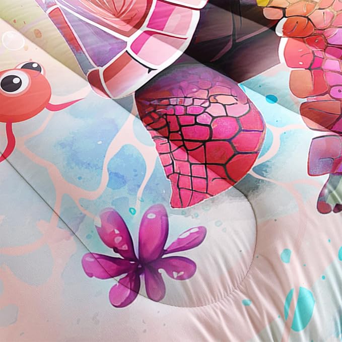 CVHOUSE Kawaii Sea Turtle Comforter Set Queen Size,Ocean Theme Bedding Set for Girls Kids,Tie Die Turtle Quilt Set Ocean Turtle Duvet Set Ocean Decor 3 Pieces - LeafyLoom