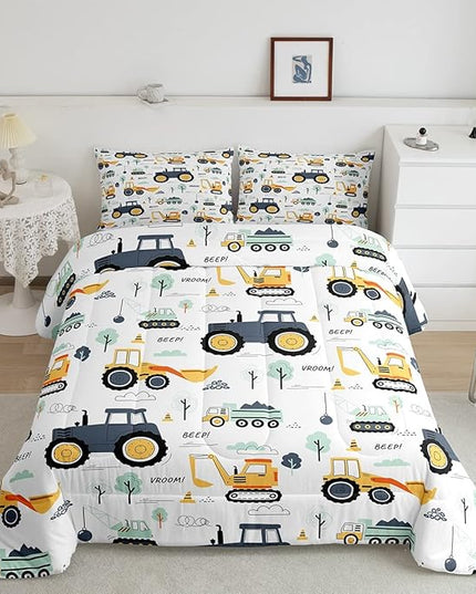 Cartoon Cars Kids Comforter Set Tractor Boys Comforter Cute Excavator Decor Kawaii Soft Bedding Set Cartoon Trees Cars Colorful All Season Quilt Room 3Pcs Full Size Boys - LeafyLoom