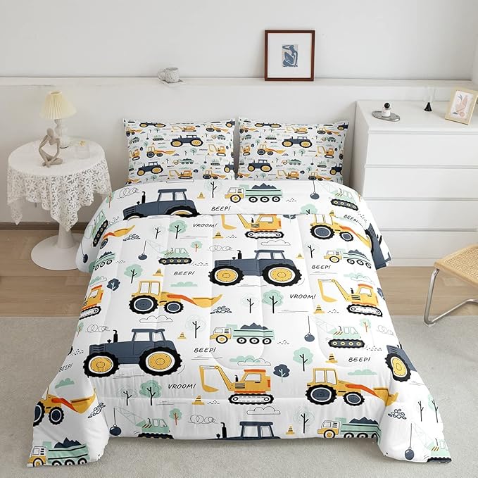 Cartoon Cars Kids Comforter Set Tractor Boys Comforter Cute Excavator Decor Kawaii Soft Bedding Set Cartoon Trees Cars Colorful All Season Quilt Room 3Pcs Full Size Boys - LeafyLoom