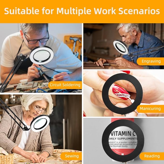 CANMEIJIA 10X Magnifying Glass with Light and Stand,5 Color Modes Stepless Dimmable Clamp on Desk Lamp,2-in-1 Hands-Free Magnifier Lamp for Craft,Painting,Soldering,Hobby,Sewing,Close Work,Reading - LeafyLoom