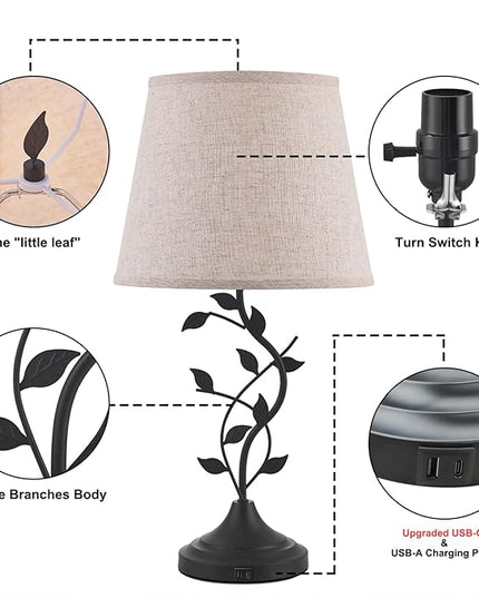 Kakanuo USB Charging Bedside Nightstand Lamp for Living Room and Bedroom - Traditional Tall Retro Desk Lamp with USB-A and USB-C Ports - LeafyLoom