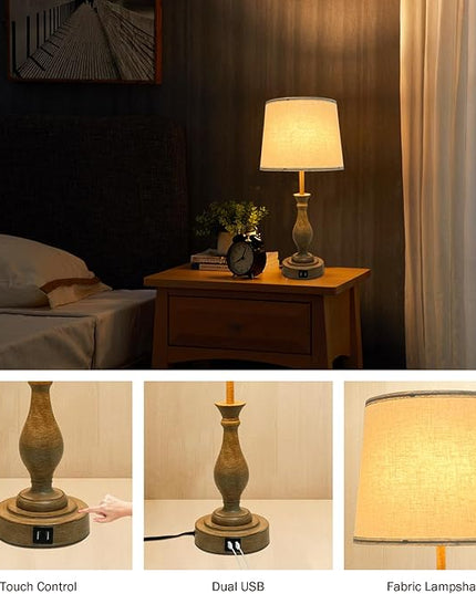 Farmhouse Table Lamp Touch Control 3-Way Dimmable Table Lamp, Modern Nightstand Lamp with 2 USB Port Bedside Desk Lamp with Fabric Shade for Living Room Bedroom Hotel (Pack-01A) - LeafyLoom