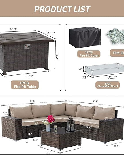 Kullavik 7 Pieces Outdoor Patio Furniture Set with 43" 55000BTU Gas Propane Fire Pit Table PE Wicker Rattan Sectional Sofa Patio Conversation Sets,Khaki - LeafyLoom