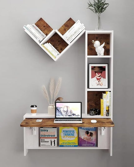 Folding Wall Mounted Drop Leaf Table, Foldable Desk with Moveable Cabinets, Floating Laptop with Convertible Storage Shelves, Multifunctional Computer Workstation in Home for Space Saving - LeafyLoom