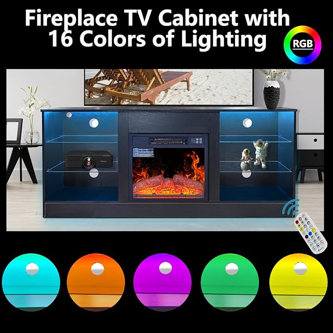 Fireplace TV Stand with LED Lights,Entertainment Center for TVs UP to 65" Televisions,Modern TV Console with Electric Fireplace for Living Room Bedroom - LeafyLoom