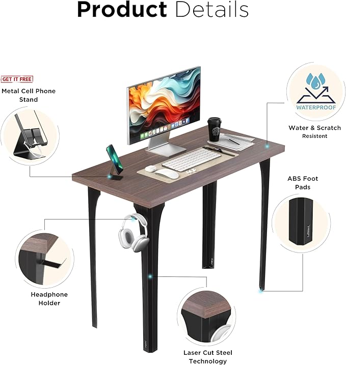 Home Office Computer Desk 35.4 inch gaming Desk, Modern and Minimalist home office desk, Home Office Desks, Study Desk, Craft table Black Metal Designed Frame, Dark Brown Board Color. - LeafyLoom