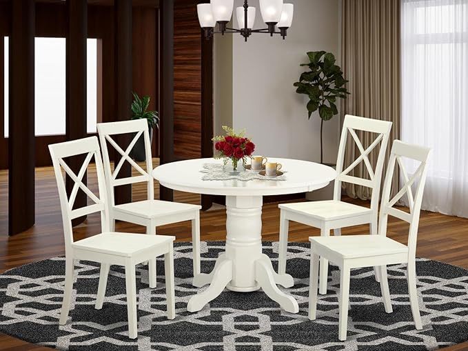 East West Furniture SHBO5-WHI-W 5 Piece Room Set Includes a Round Wooden Table with Pedestal and 4 Kitchen Dining Chairs, 42x42 Inch - LeafyLoom