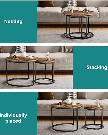 Nesting Coffee Table Set of 2, 23.6" Round Coffee Table Rustic Wood Top with Adjustable Non-Slip Feet, Industrial End Table Side Tables for Living Room Bedroom Balcony Yard - LeafyLoom