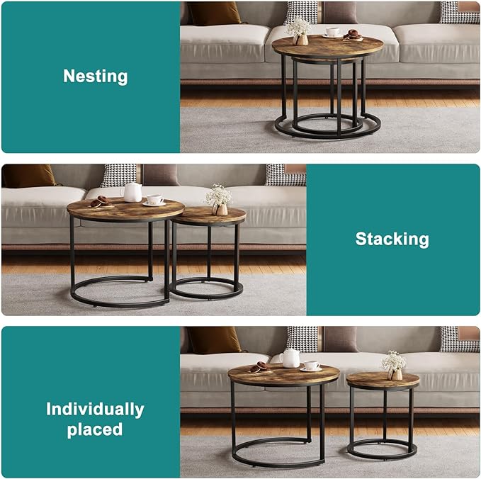 Nesting Coffee Table Set of 2, 23.6" Round Coffee Table Rustic Wood Top with Adjustable Non-Slip Feet, Industrial End Table Side Tables for Living Room Bedroom Balcony Yard - LeafyLoom